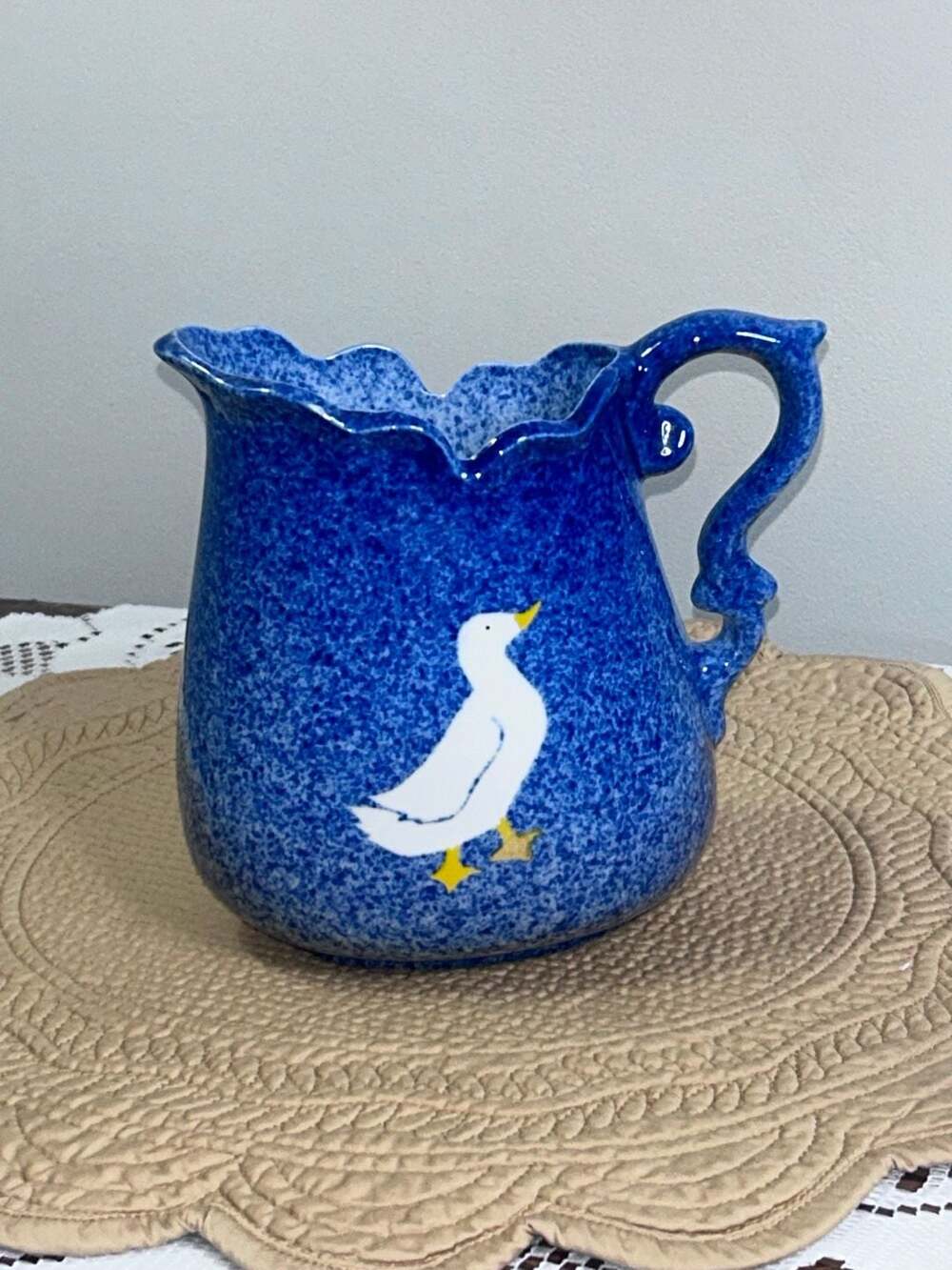 Vintage Calico Crown China Blue Spongeware Spatterware Ceramic Pitcher Duck